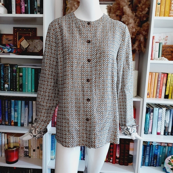 Liz Claiborne Silk Long Sleeve Button Down Collarless Patterned Shirt P6432 - Picture 1 of 10